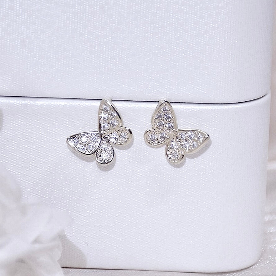 Wedding Jewelry - Silver CZ Butterfly Stud Earrings