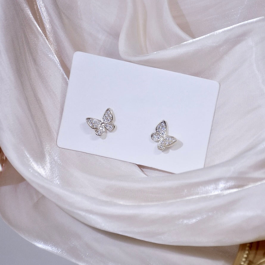 Wedding Jewelry - Silver CZ Butterfly Stud Earrings