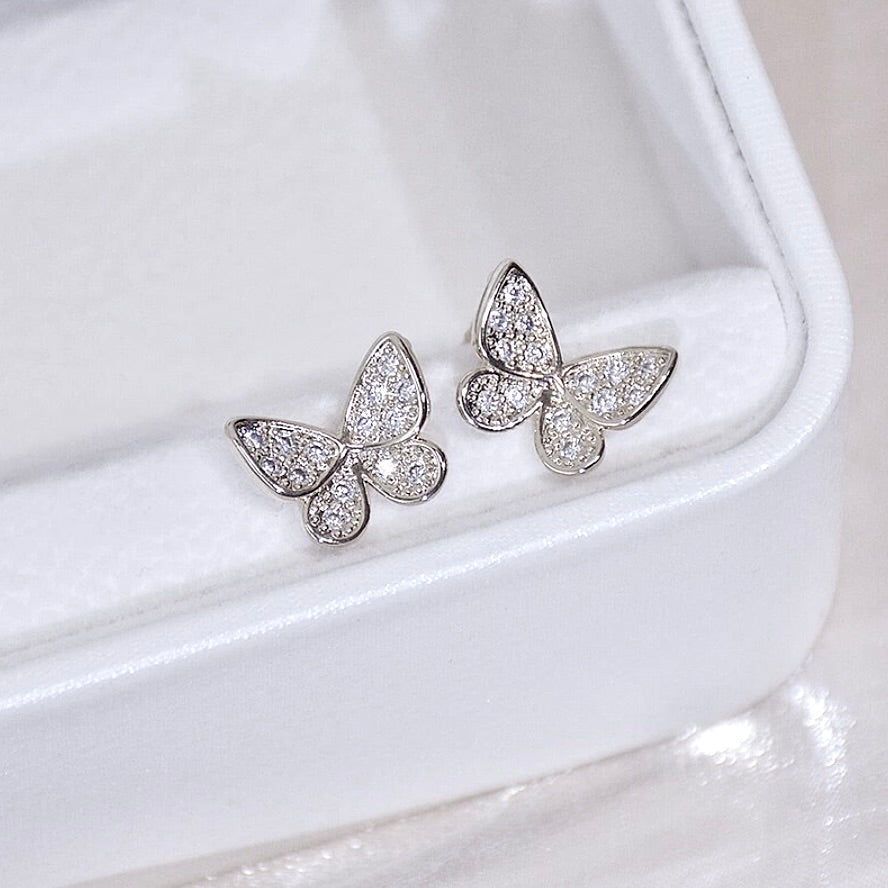 Wedding Jewelry - Silver CZ Butterfly Stud Earrings