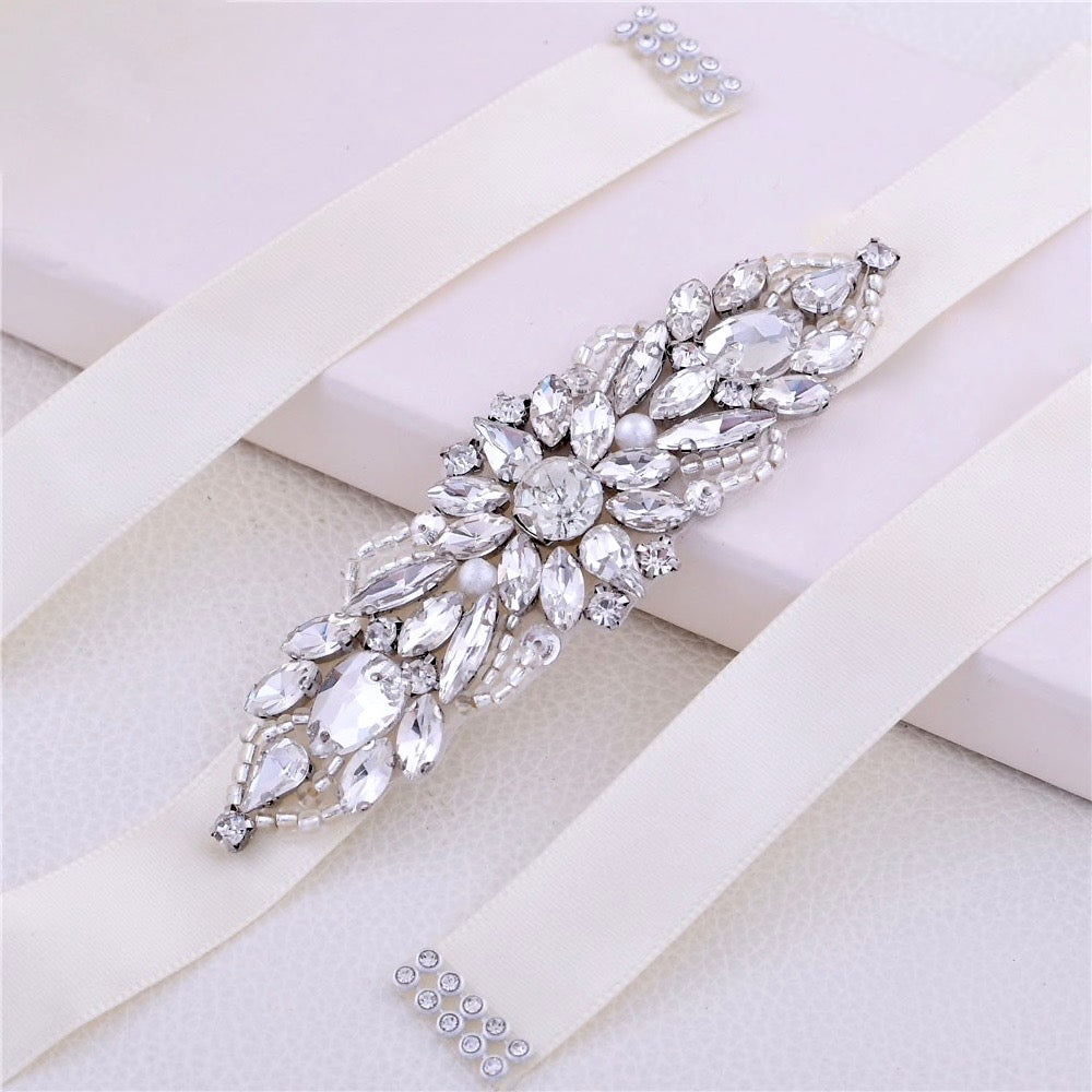 Wedding Accessories - Silver Pearl and Crystal Bridal Belt/Sash