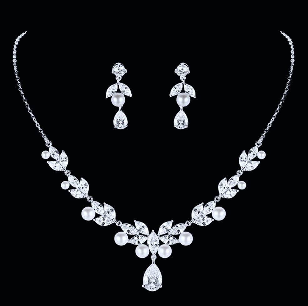 Silver Cubic Zirconia and Pearl 3-Piece Bridal Jewelry Set With Tiara