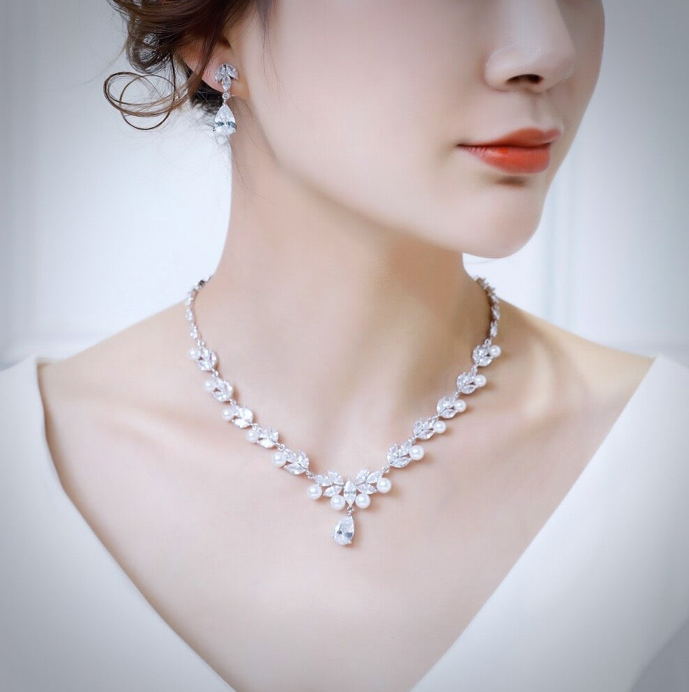Silver Cubic Zirconia and Pearl 3-Piece Bridal Jewelry Set With Tiara