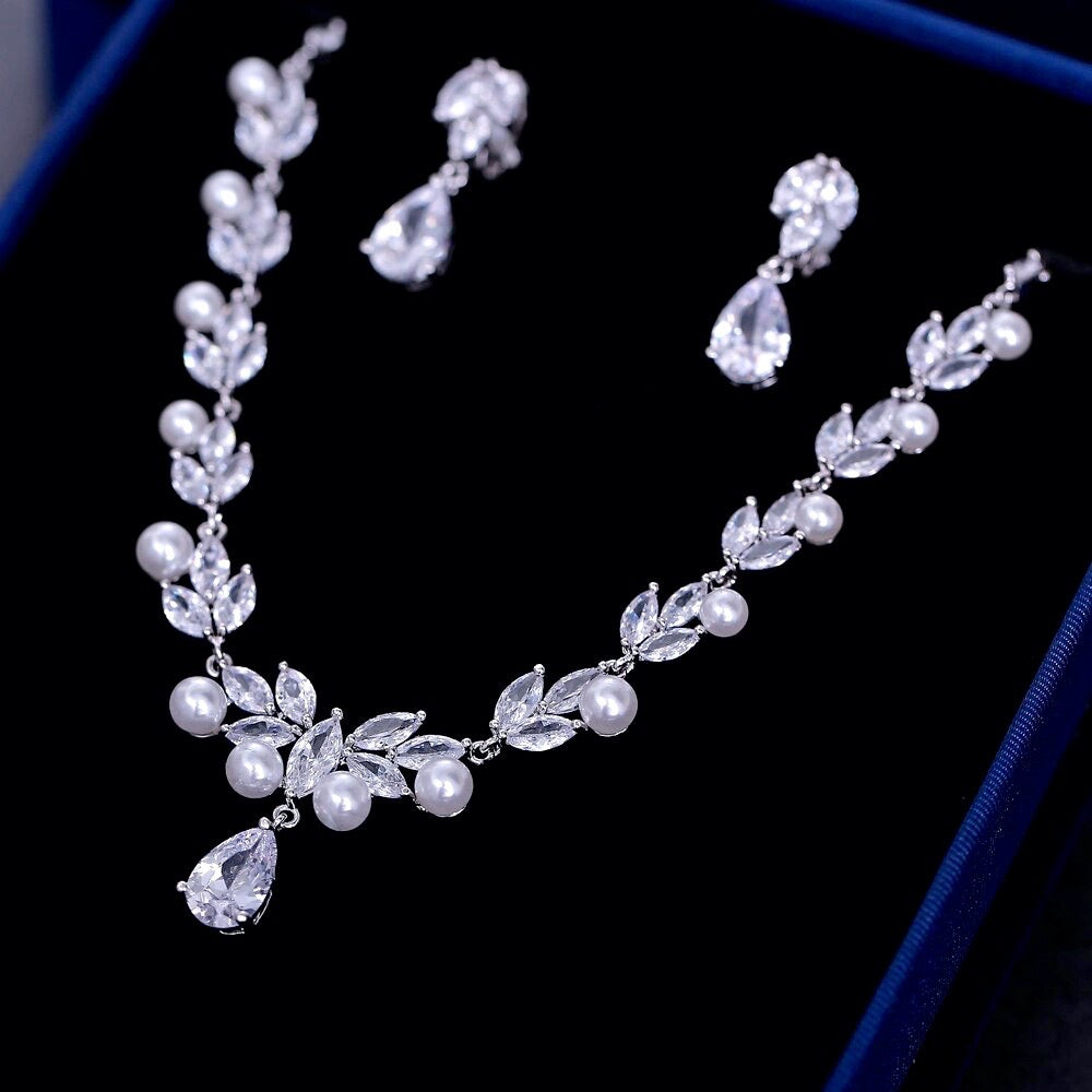 Silver Cubic Zirconia and Pearl 3-Piece Bridal Jewelry Set With Tiara