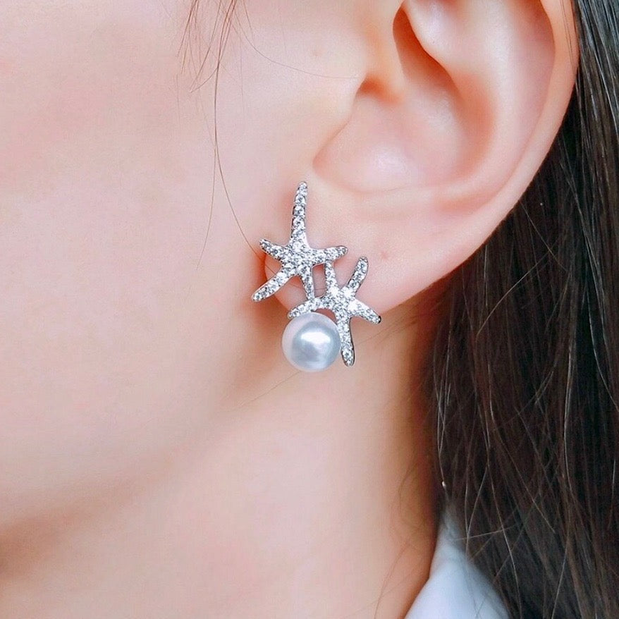 Wedding Jewelry - Pearl and Crystal Sea Star Bridal Earrings