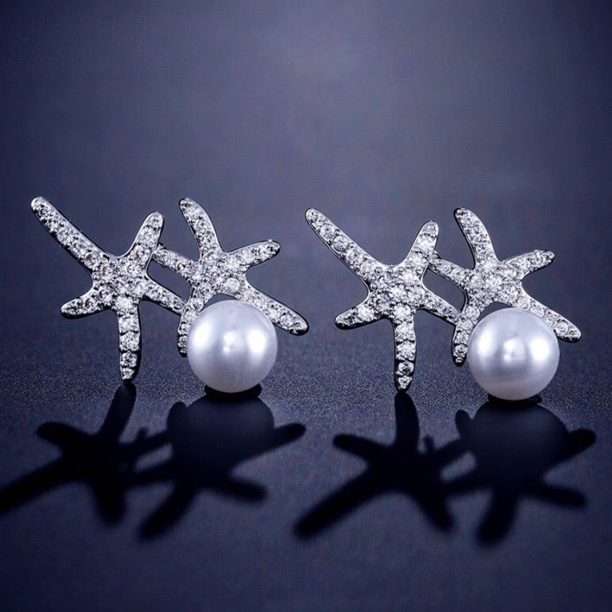 Wedding Jewelry - Pearl and Crystal Sea Star Bridal Earrings