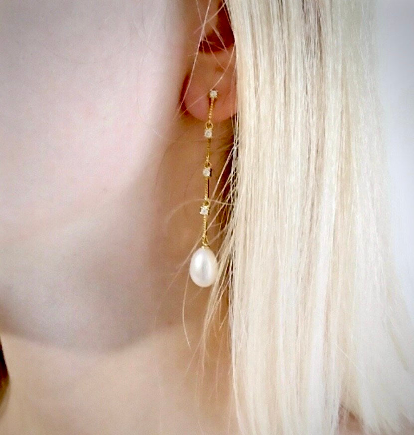 Pearl Wedding Jewelry - Pearl and Cubic Zirconia Bridal Earrings - Available in Silver and Yellow Gold