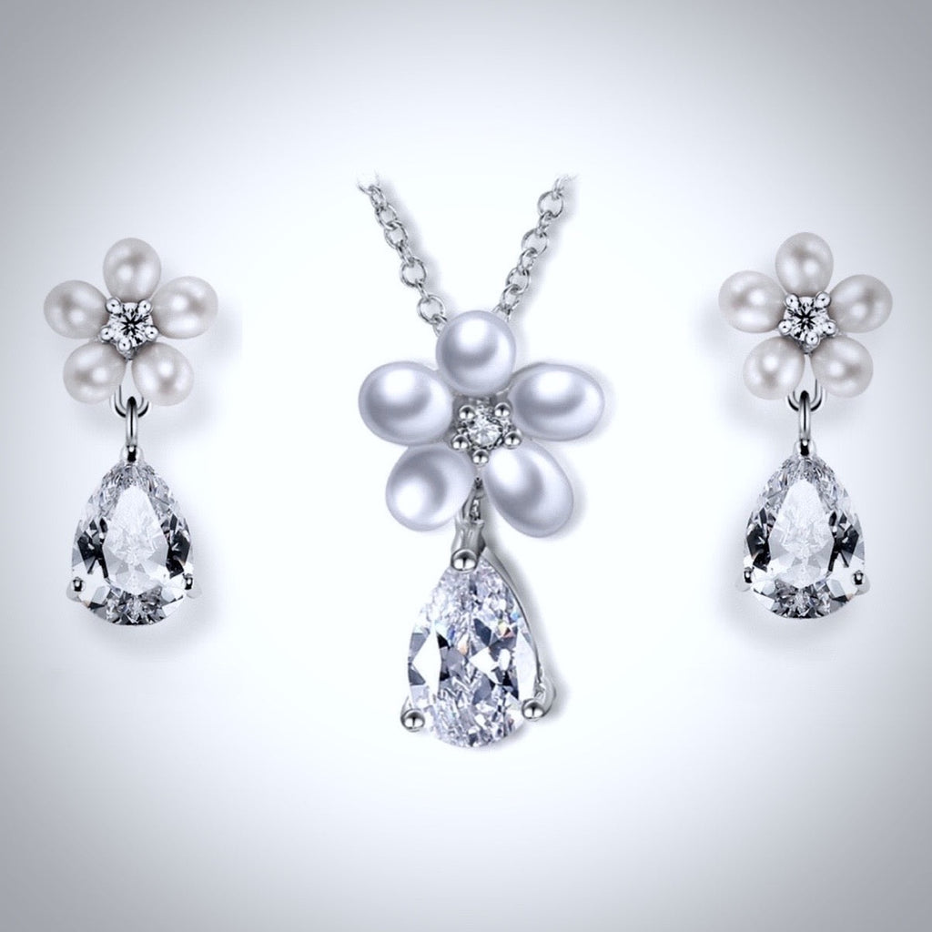 Wedding Jewelry - Pearl and Cubic Zirconia Bridal Necklace and Earrings Set