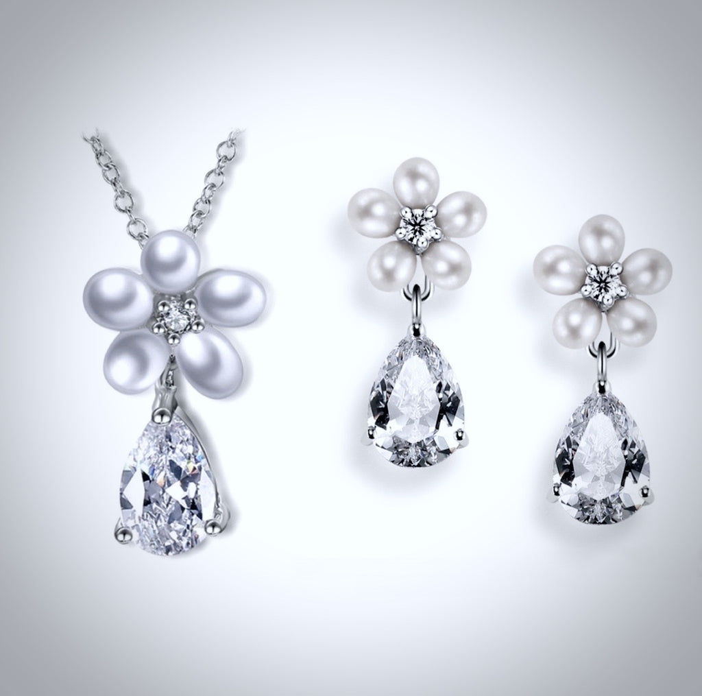Wedding Jewelry - Pearl and Cubic Zirconia Bridal Necklace and Earrings Set