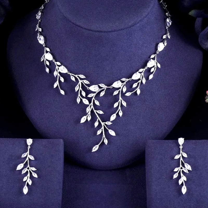 Elona CZ Vine Bridal Jewelry Set Available in Silver Rose Gold and Yellow Gold