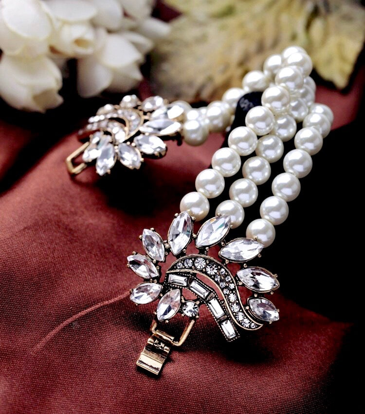 Wedding Pearl Jewelry - Vintage Pearl and Rhinestone Bridal Bracelet