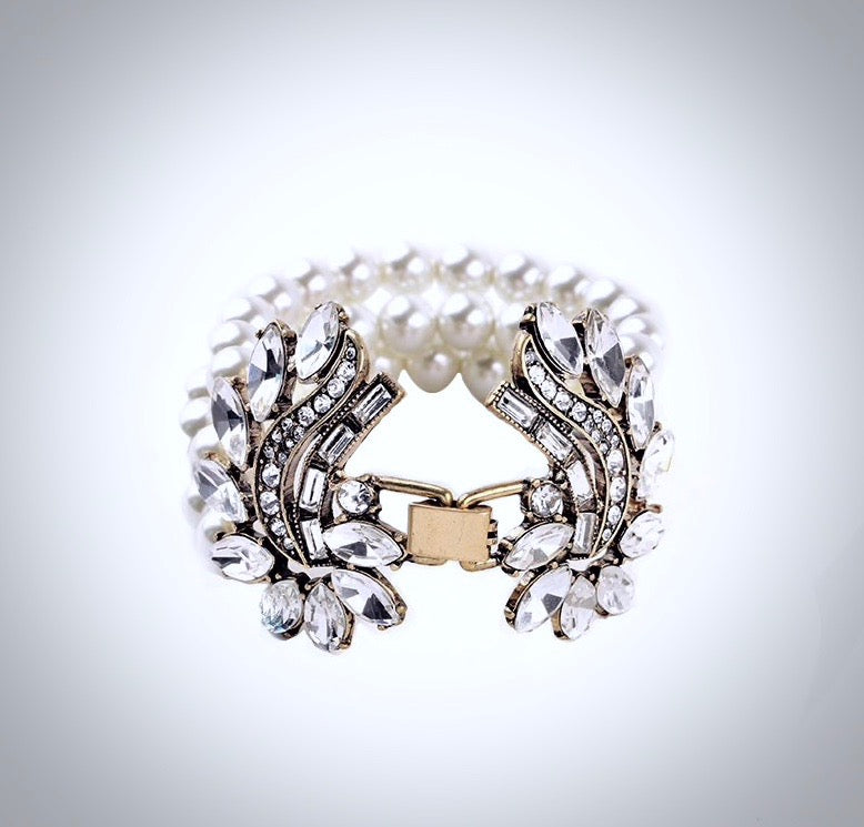 Wedding Pearl Jewelry - Vintage Pearl and Rhinestone Bridal Bracelet