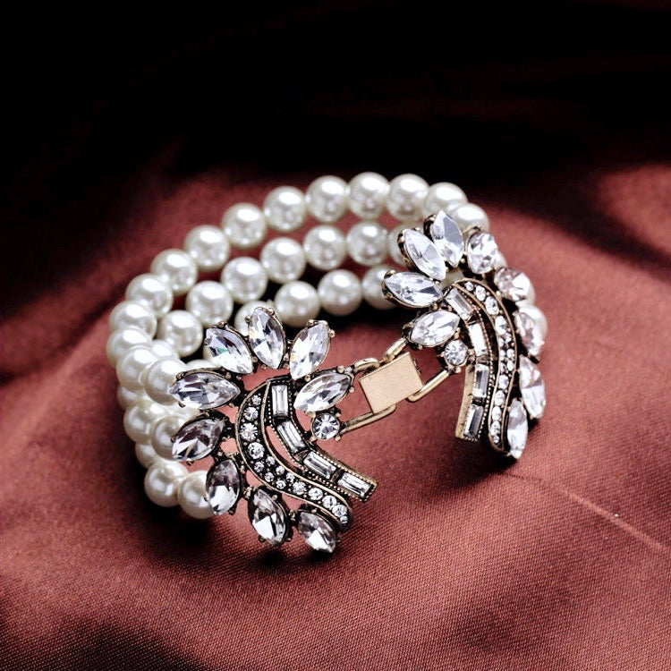 Wedding Pearl Jewelry - Vintage Pearl and Rhinestone Bridal Bracelet