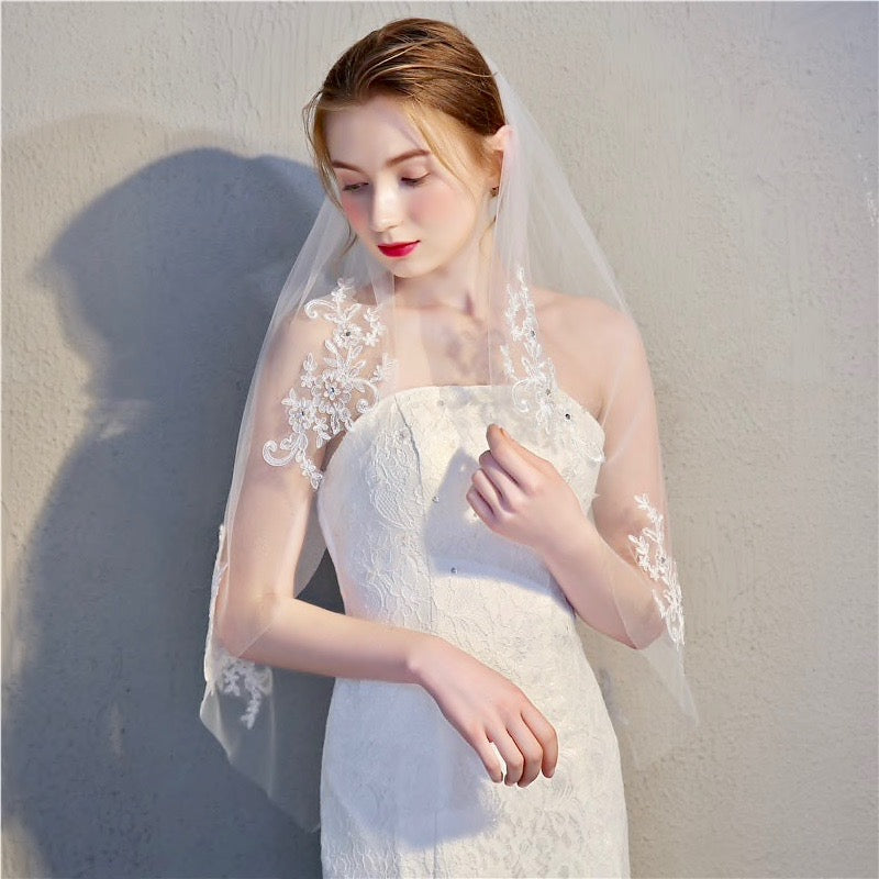 Adora by Simona Wedding Veils - Raw- Edge 2-Tier Fingertip Bridal Veil - Available in White, Off-White and Ivory White