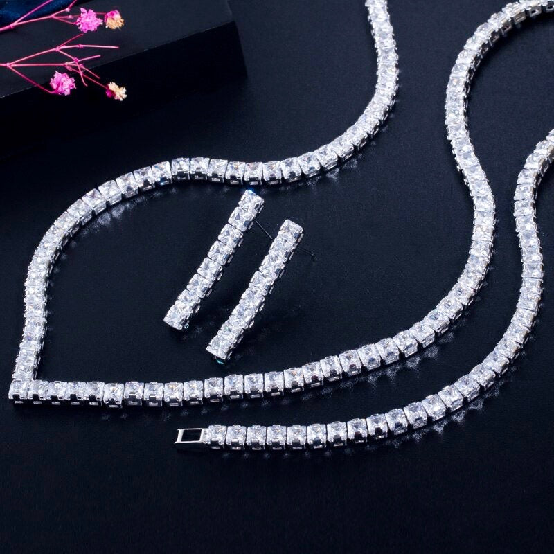 Wedding Jewelry - Silver Cubic Zirconia Bridal Three-Piece Jewelry Set