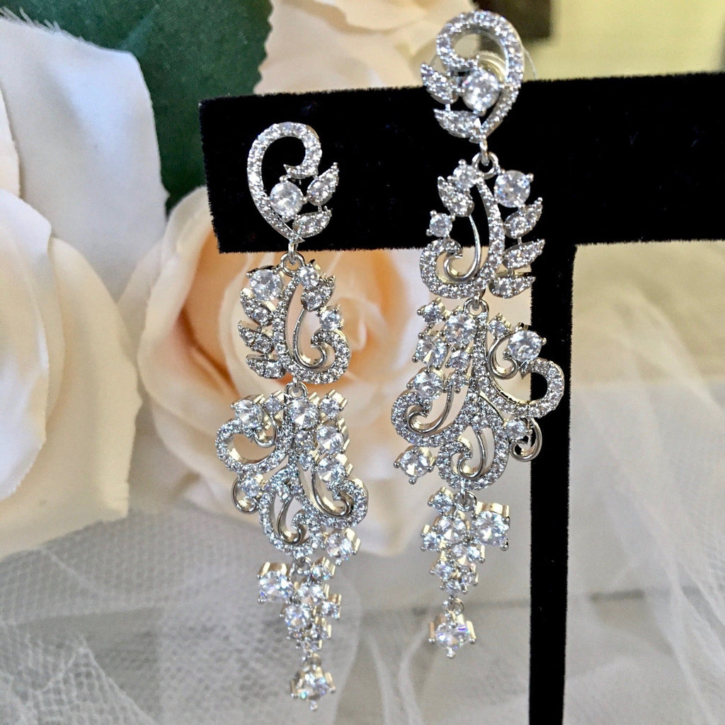 Wedding Jewelry - Silver Cubic Zirconia Bridal Earrings