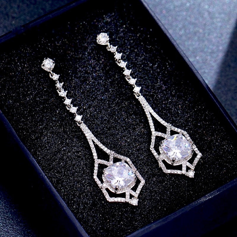 Wedding Jewelry - Silver Cubic Zirconia Bridal Earrings