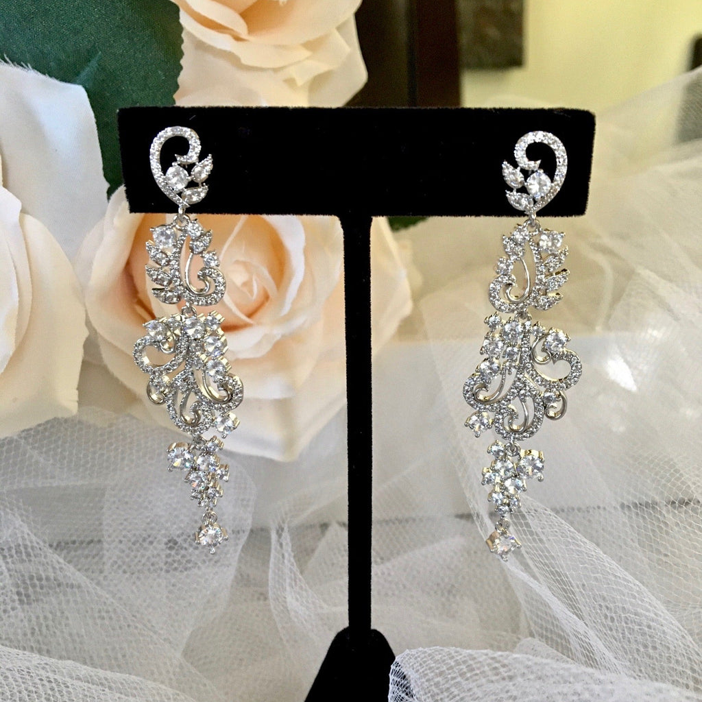 Wedding Jewelry - Silver Cubic Zirconia Bridal Earrings