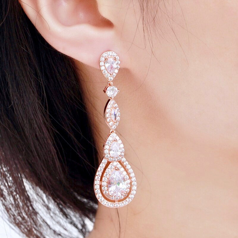 Wedding Jewelry - Cubic Zirconia Bridal Earrings - Available in Silver, Rose Gold and Yellow Gold
