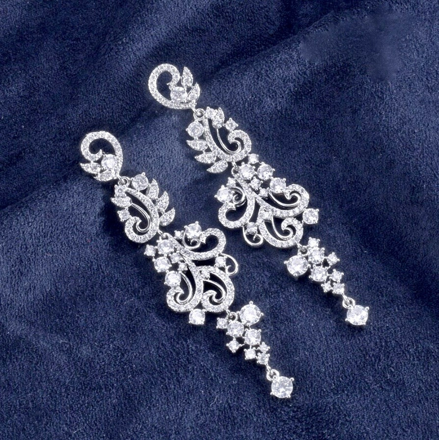 Wedding Jewelry - Silver Cubic Zirconia Bridal Earrings