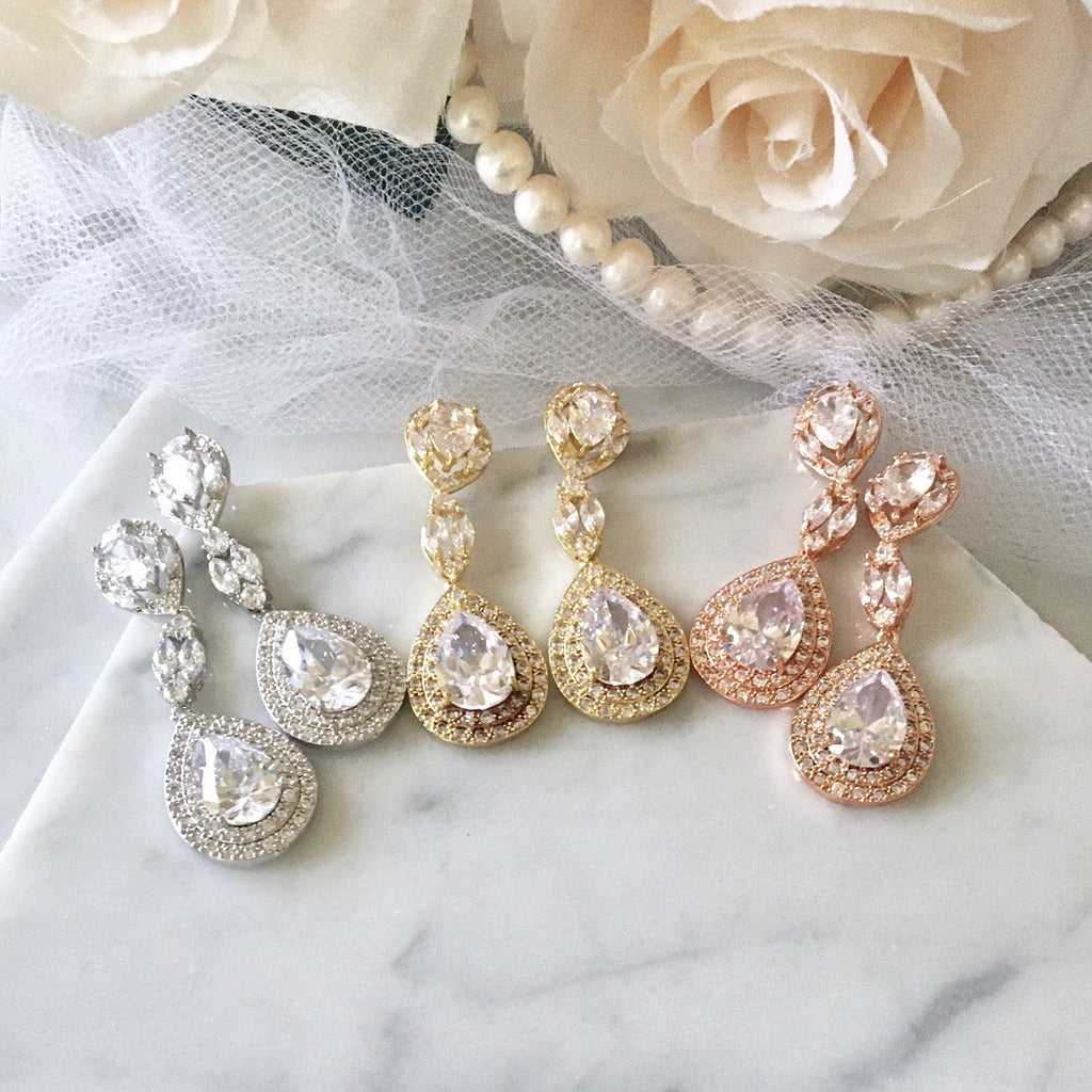 Wedding Jewelry - Cubic Zirconia Bridal Earrings - Available in Silver, Rose Gold and Yellow Gold