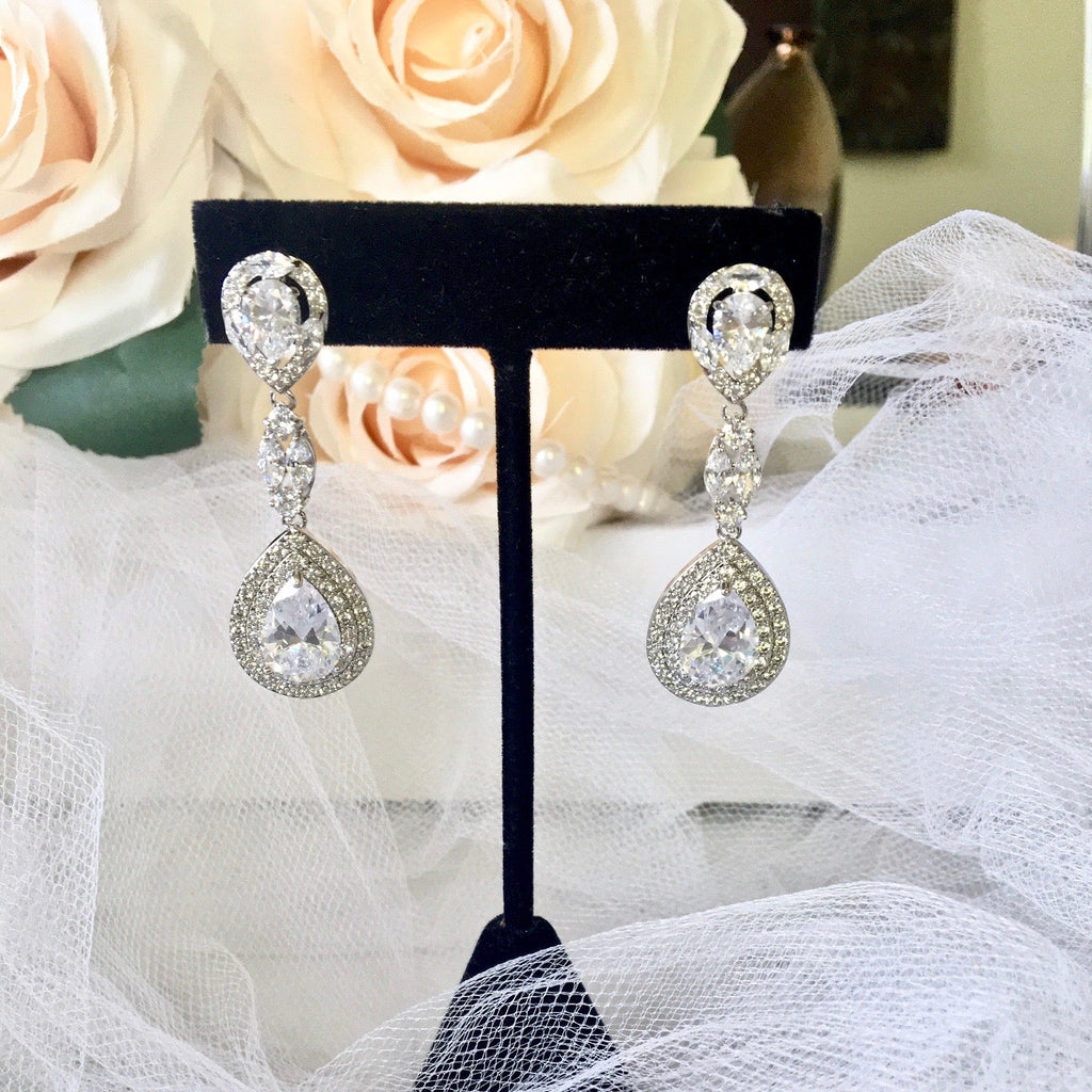 Wedding Jewelry - Cubic Zirconia Bridal Earrings - Available in Silver, Rose Gold and Yellow Gold