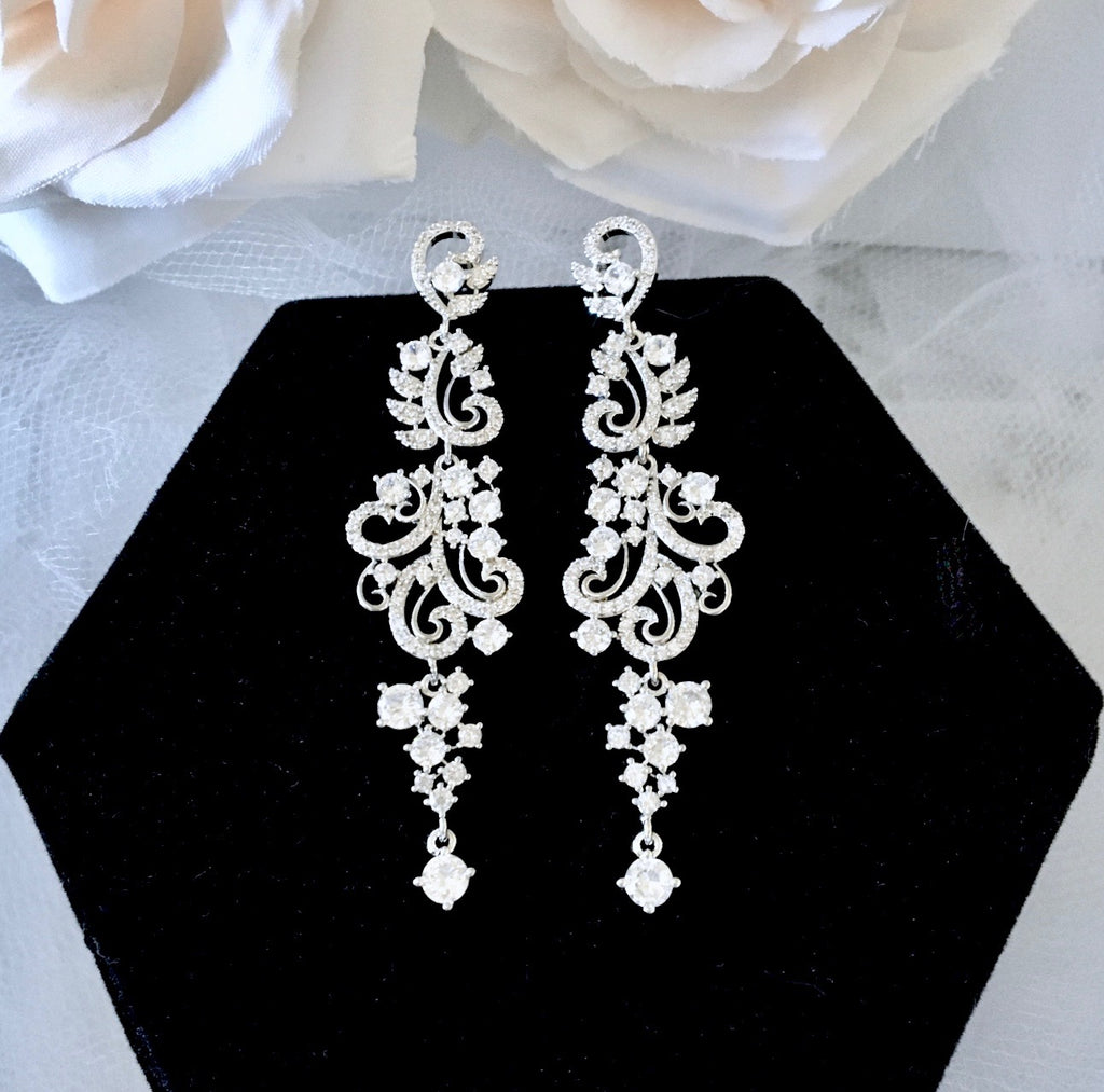 Wedding Jewelry - Silver Cubic Zirconia Bridal Earrings  Edit alt text