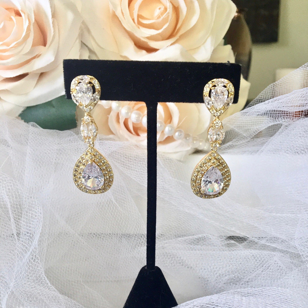 Wedding Jewelry - Cubic Zirconia Bridal Earrings - Available in Silver, Rose Gold and Yellow Gold