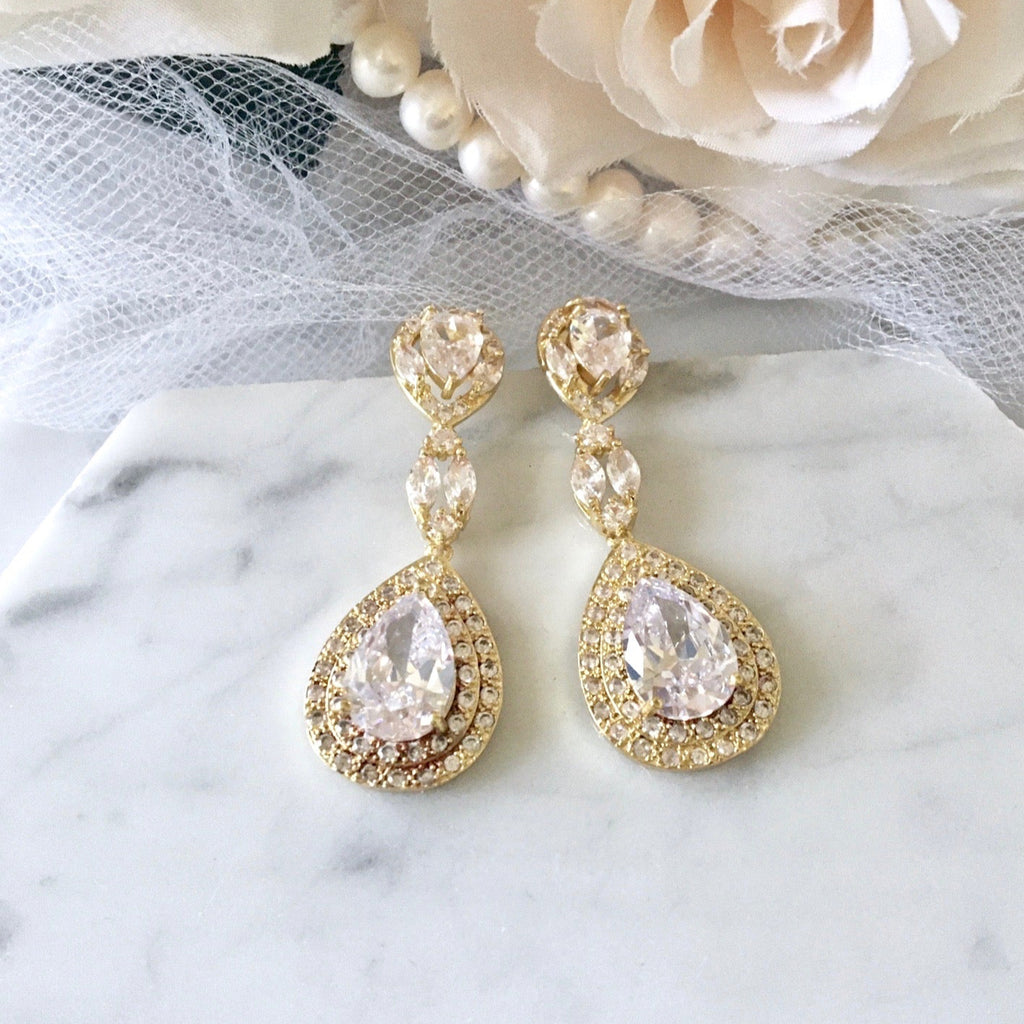 Wedding Jewelry - Cubic Zirconia Bridal Earrings - Available in Silver, Rose Gold and Yellow Gold