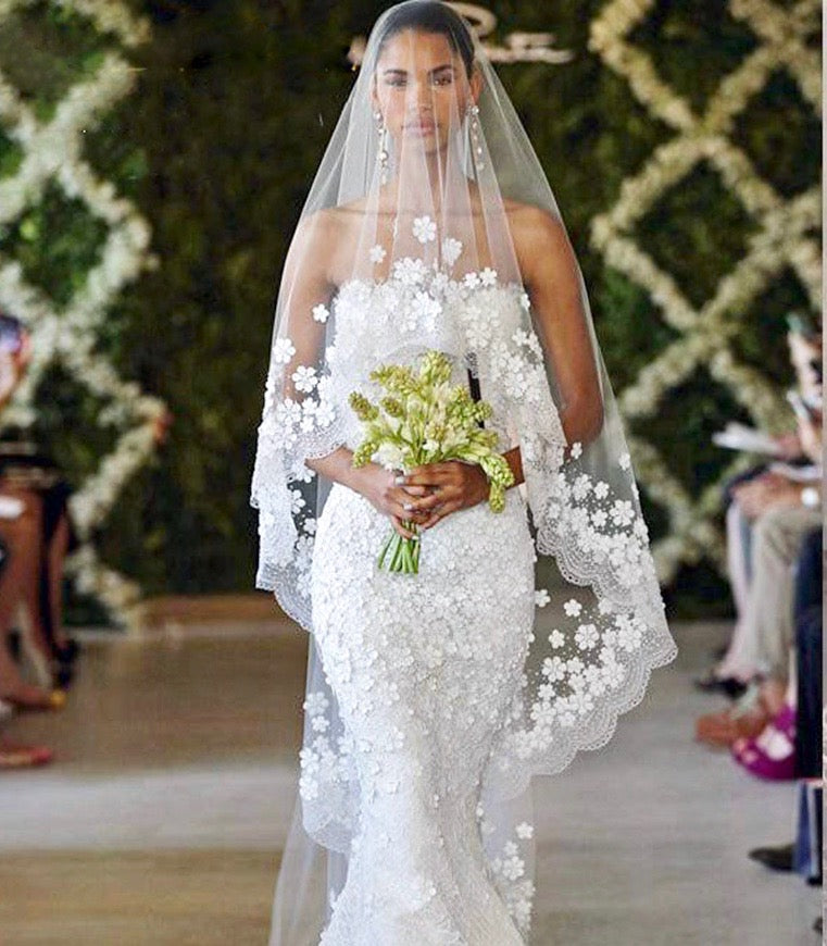 Wedding Veils - Bridal Lace and 3D Flowers Mantilla Veil - Cathedral Length