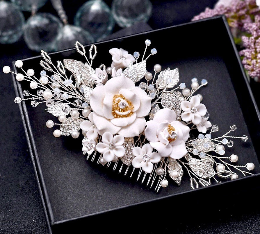 Wedding Hair Accessories - Ceramic Flower Bridal Hair Comb