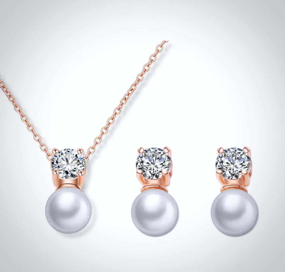Wedding Pearl Jewelry - Pearl and Cubic Zirconia Jewelry Set - Available in Rose Gold and Silver