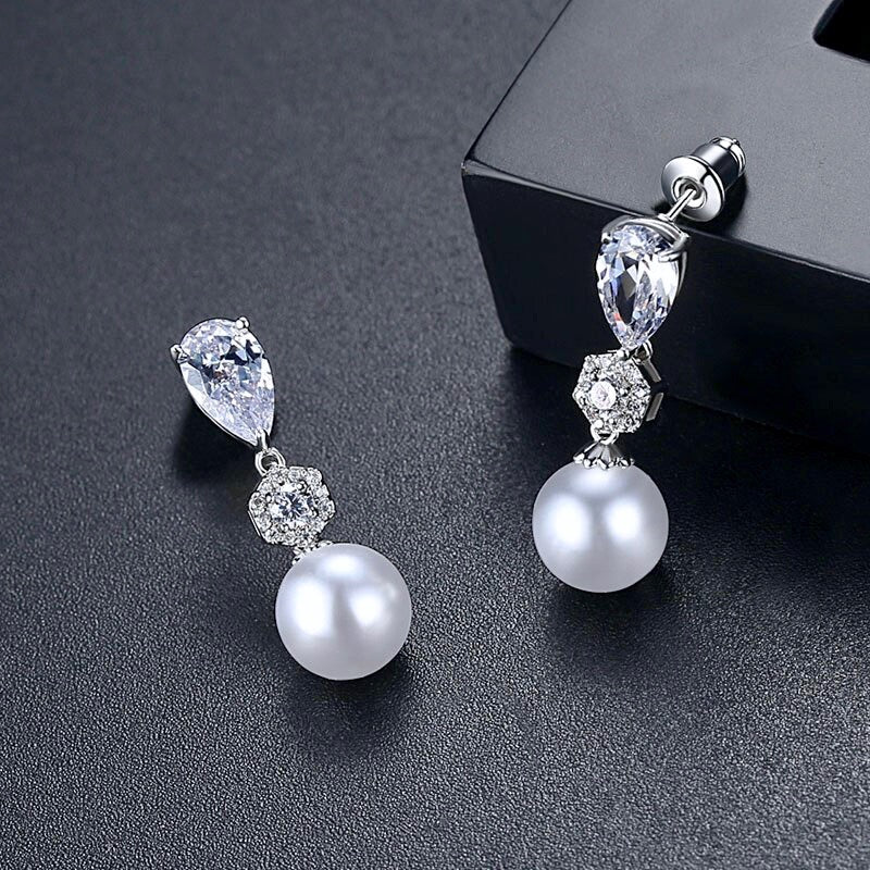 Wedding Pearl Jewelry - Pearl and Cubic Zirconia Bridal Earrings