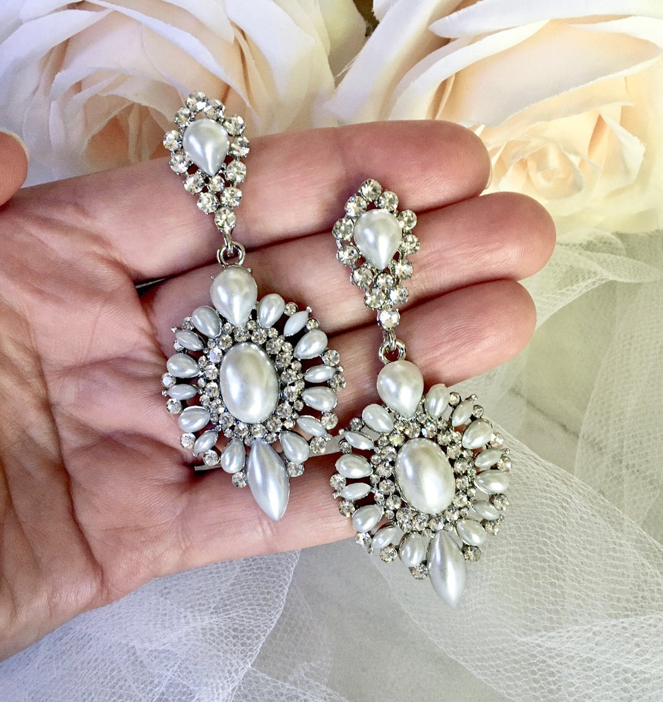 Wedding Jewelry - Pearl and Rhinestone Bridal Earrings