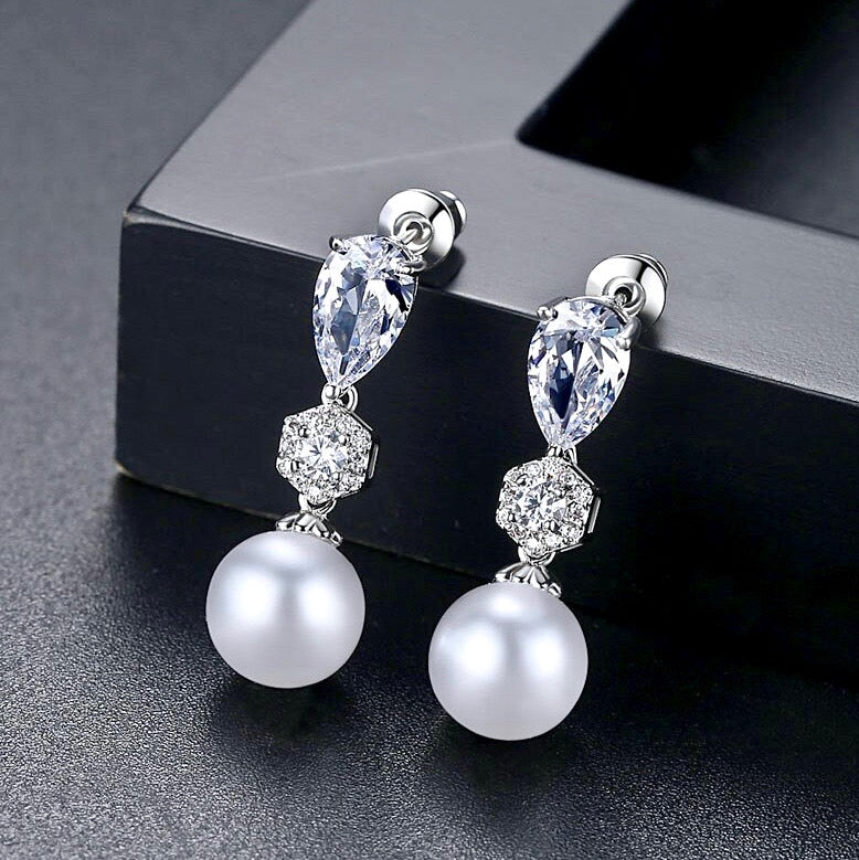 Wedding Pearl Jewelry - Pearl and Cubic Zirconia Bridal Earrings