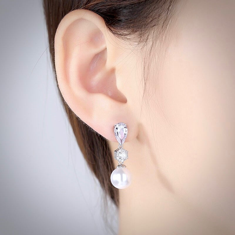 Wedding Pearl Jewelry - Pearl and Cubic Zirconia Bridal Earrings