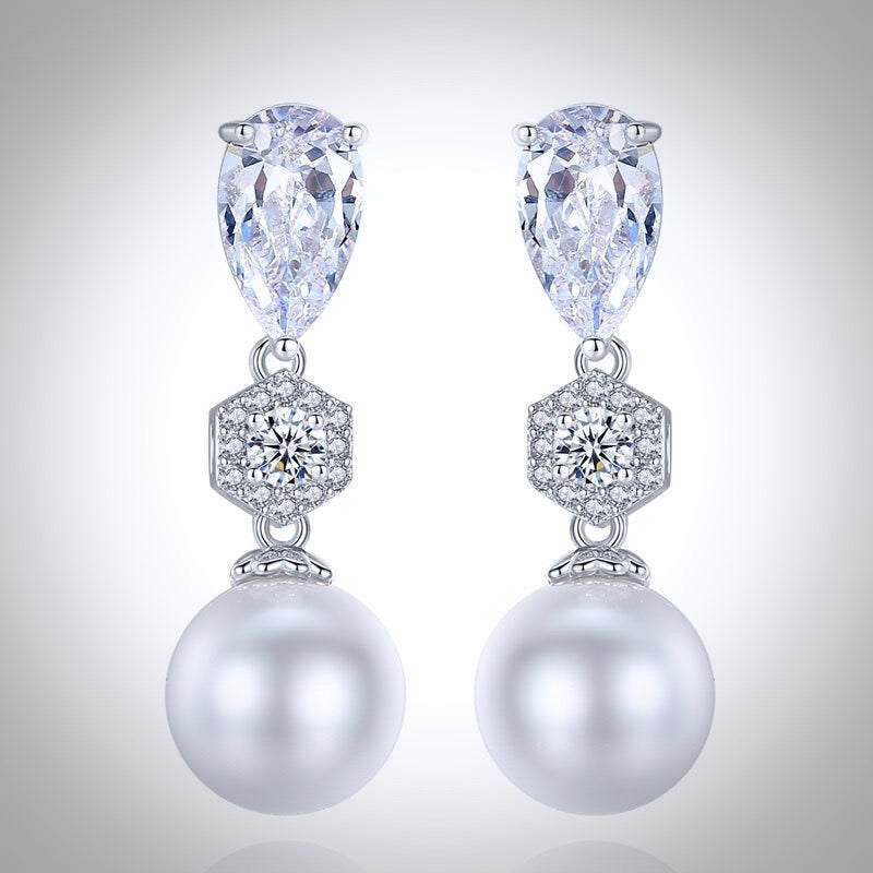 Wedding Pearl Jewelry - Pearl and Cubic Zirconia Bridal Earrings