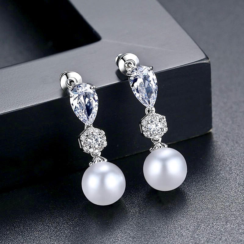 Wedding Pearl Jewelry - Pearl and Cubic Zirconia Bridal Earrings