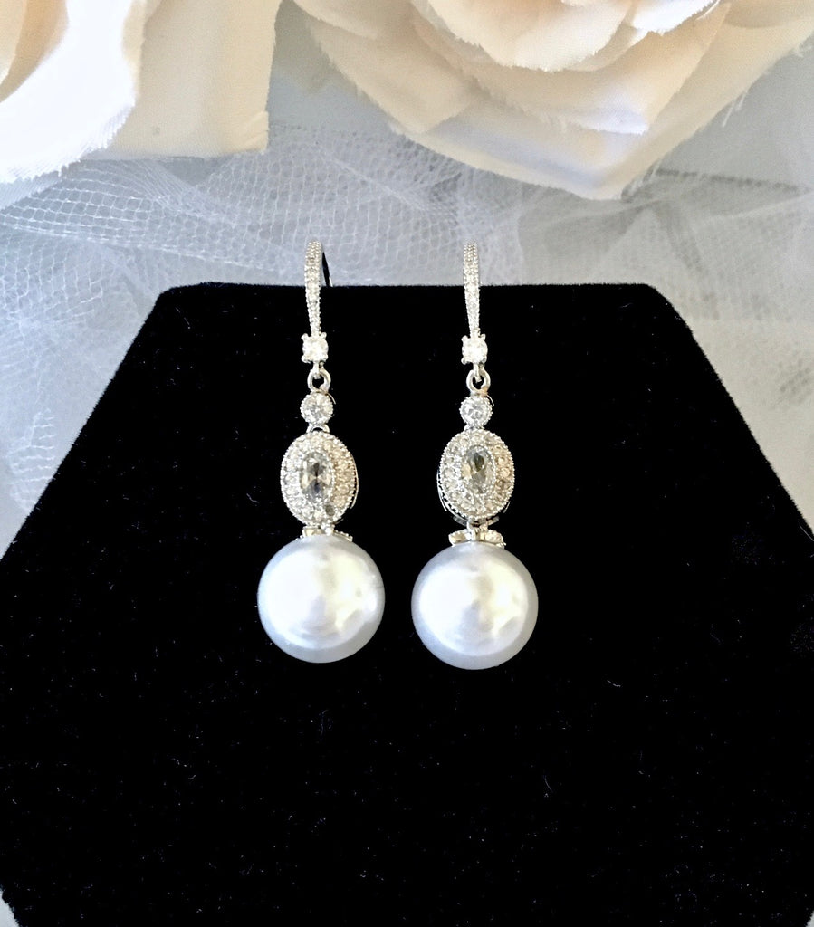 Wedding Pearl Jewelry - Pearl and Cubic Zirconia Bridal Earrings