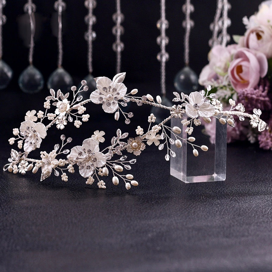 Wedding Hair Accessories - Silver Pearl and Crystal Bridal Headband/Vine