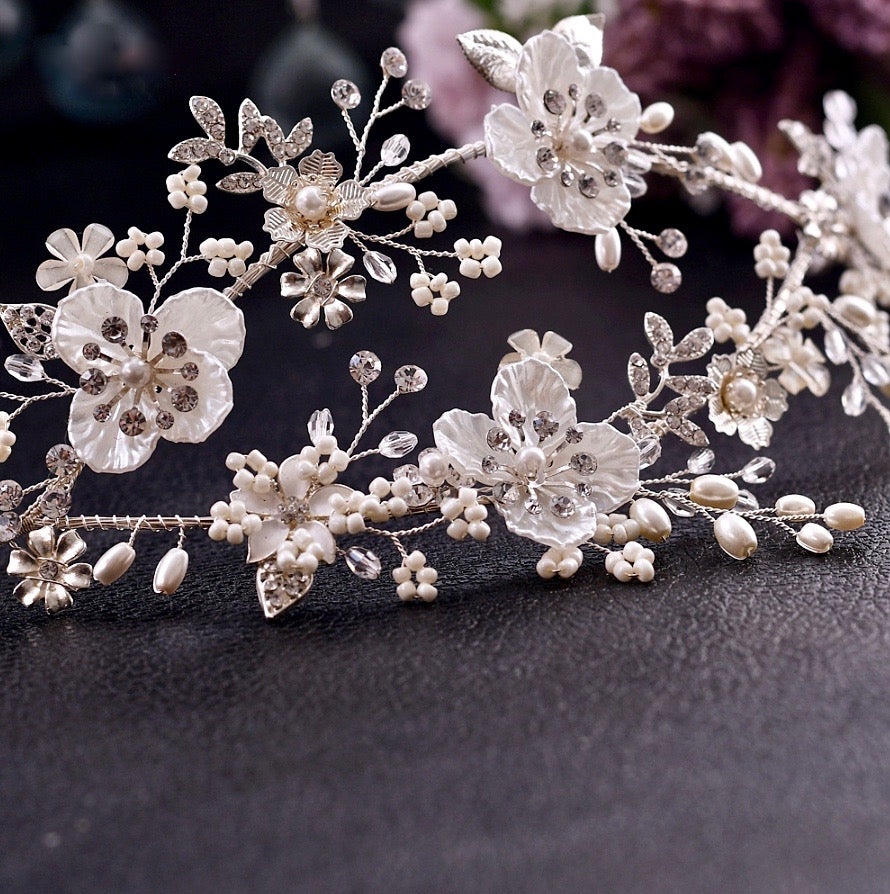 Wedding Hair Accessories - Silver Pearl and Crystal Bridal Headband/Vine