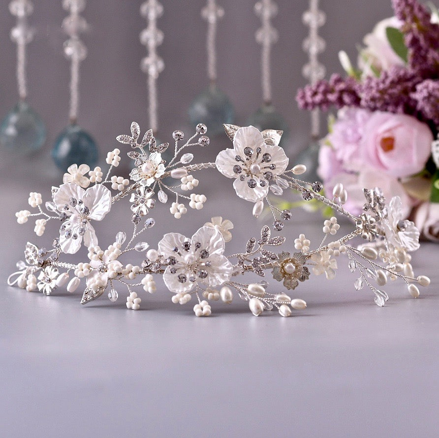 Wedding Hair Accessories - Silver Pearl and Crystal Bridal Headband/Vine