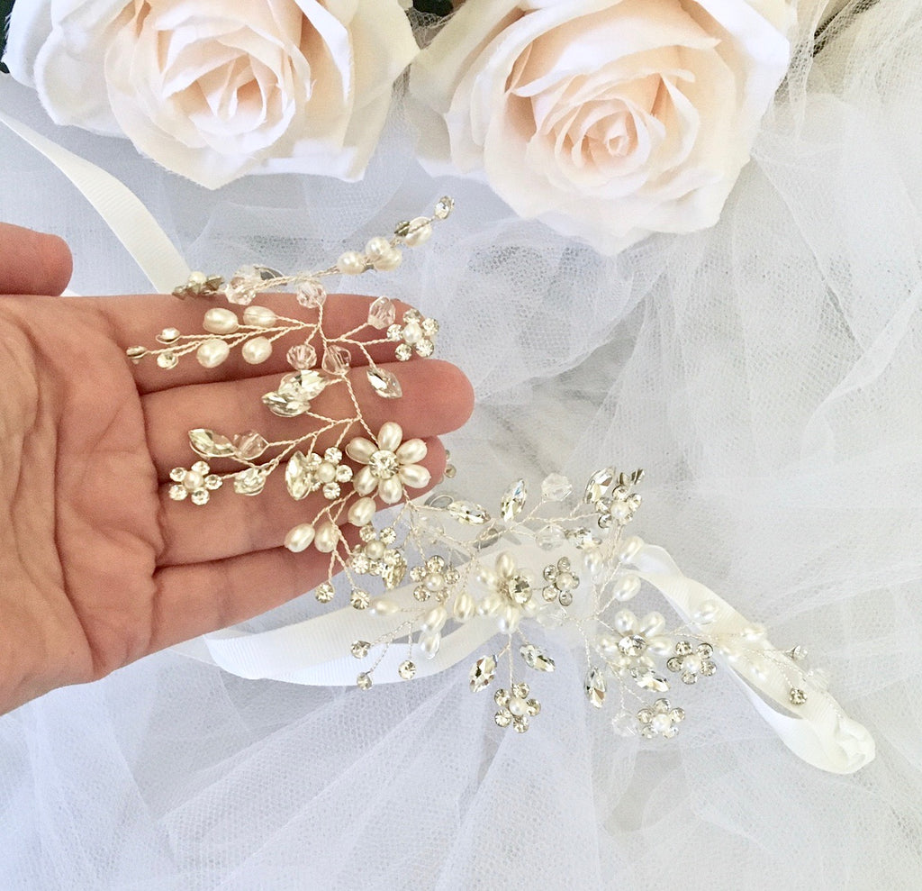 Wedding Hair Accessories - Silver Pearl and Crystal Bridal Headband / Hair Vine