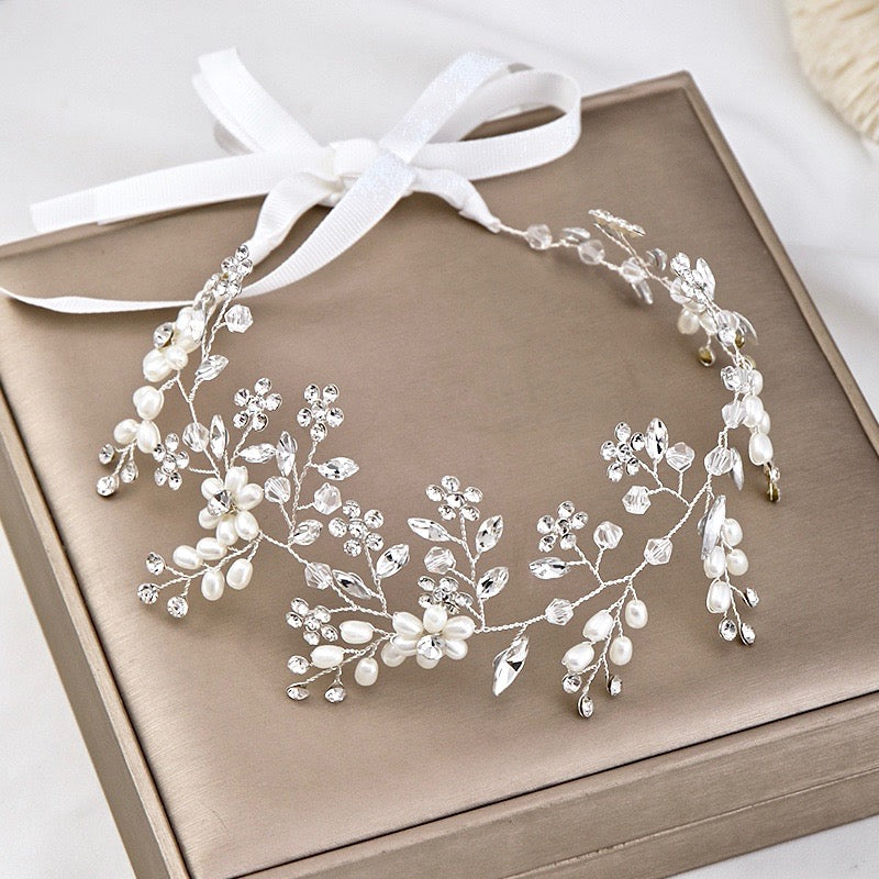 Wedding Hair Accessories - Silver Pearl and Crystal Bridal Headband / Hair Vine