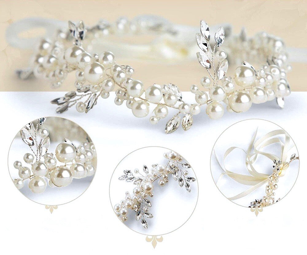 Wedding Hair Accessories - Silver Pearl and Crystal Bridal Headband/Vine