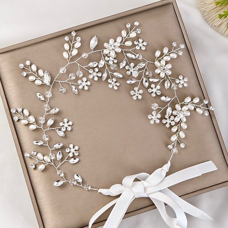 Wedding Hair Accessories - Silver Pearl and Crystal Bridal Headband / Hair Vine