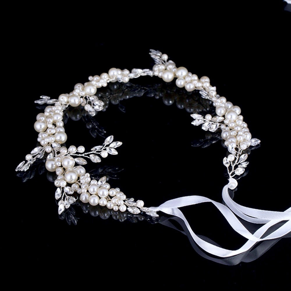 Wedding Hair Accessories - Silver Pearl and Crystal Bridal Headband/Vine