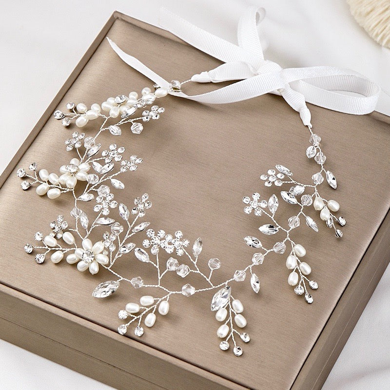 Wedding Hair Accessories - Silver Pearl and Crystal Bridal Headband / Hair Vine