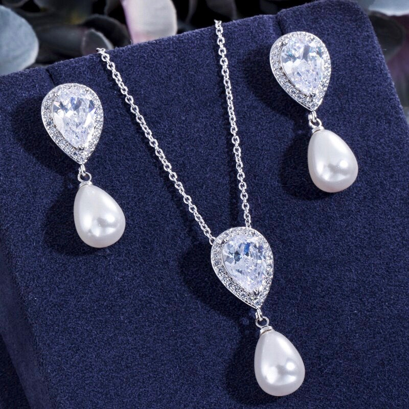Wedding Jewelry - Pearl and Cubic Zirconia Bridal Necklace and Earrings Set - Available in Silver, Rose Gold and Yellow Gold 