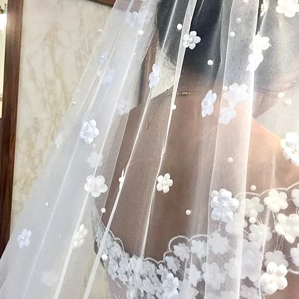 Wedding Veils - Pearl and 3D Flowers Bridal Veil - Cathedral Length