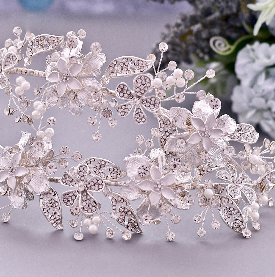 Wedding Hair Accessories - Silver Pearl and Crystal Bridal Double Headband/Vine
